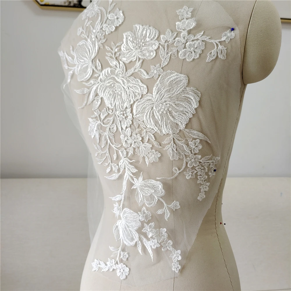 Lace Fabric Embroidered Wedding Gown Appliques, Baroque Trims, Collar Mesh Sew On Patches for Dress, DIY Decoration, Off White