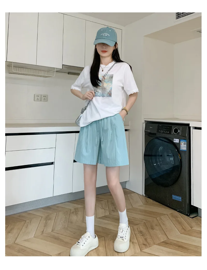 Solid Color Casual Summer Shorts for Women Thin Breathable Elastic Waist Shorts Woman Vacation Loose Wide Leg Shorts Beach Pants