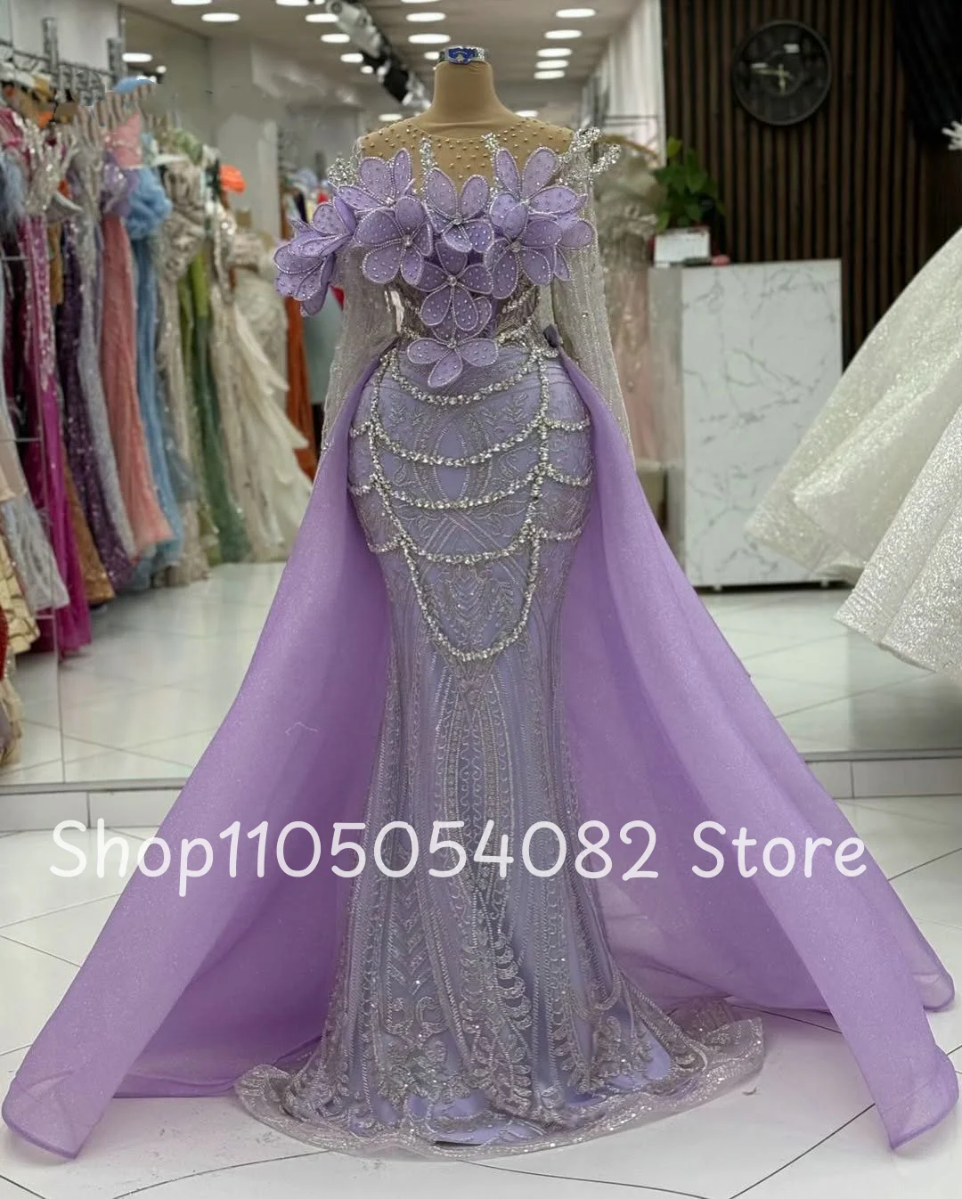 

Luxury Purple Love Prom Dress Round Neck 3D Applique Rhinestone Beaded Fishtail With Detachable Trailing Evening Dress Customize