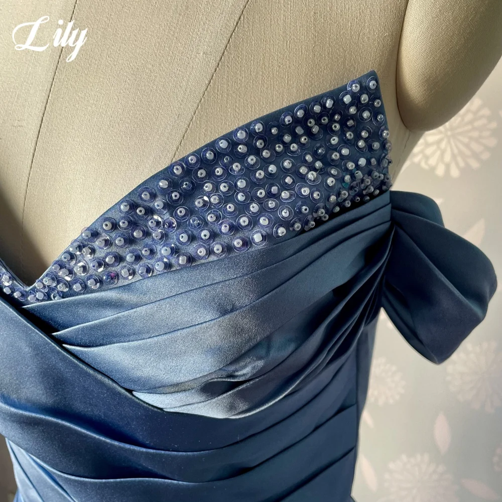 Vestido de fiesta Sexy Lily azul y gris con hombros descubiertos, vestido de noche de satén con cuentas para mujer, vestido de fiesta de noche sin