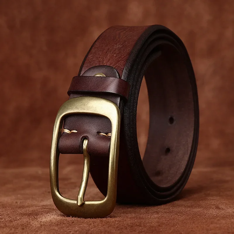 

3.8 Width High Quality Pure Cowhide Thick Real Genuine Leather Men's Fashion Brass Buckle Belts Luxury Brand Jeans Belts for Men