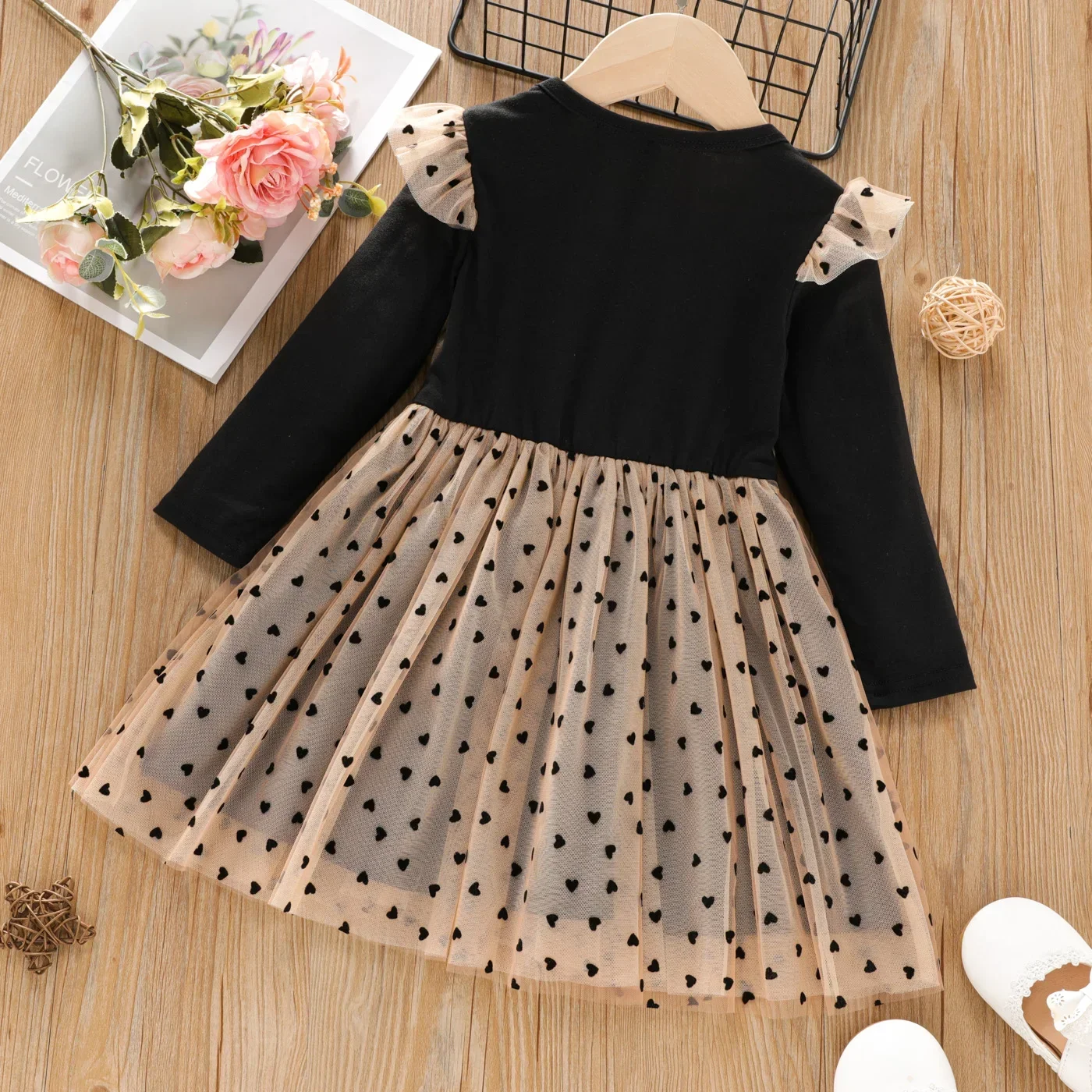 PatPat Toddler Girl Heart Embroidered Mesh Splice Long-sleeve Dress Soft and Comfortable  Perfect for Outings