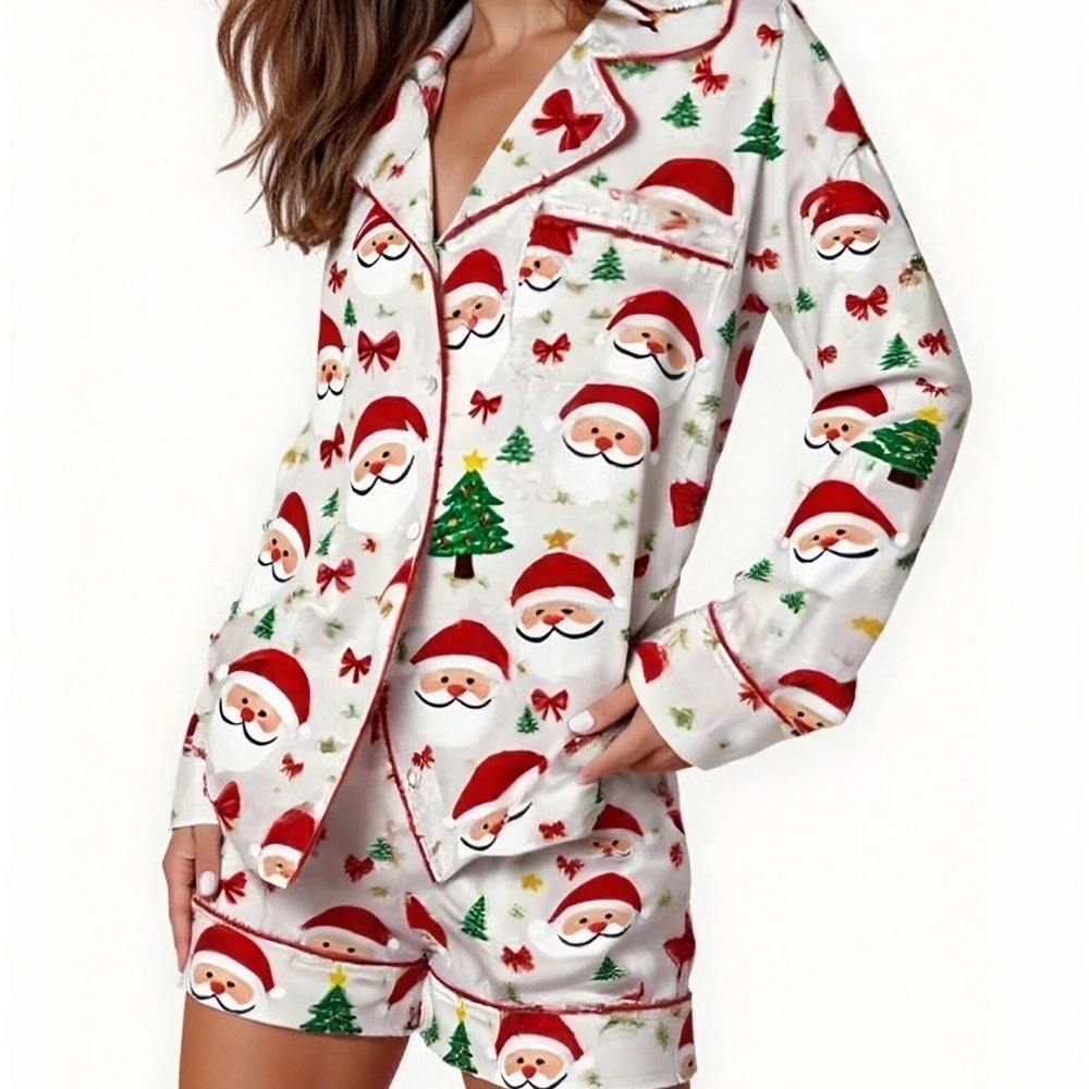

Women Fashion Christmas Pajamas Sets Santa Claus Tree Print Long Sleeve Pocket Button Shirts Elastic Waist Shorts Loungewear
