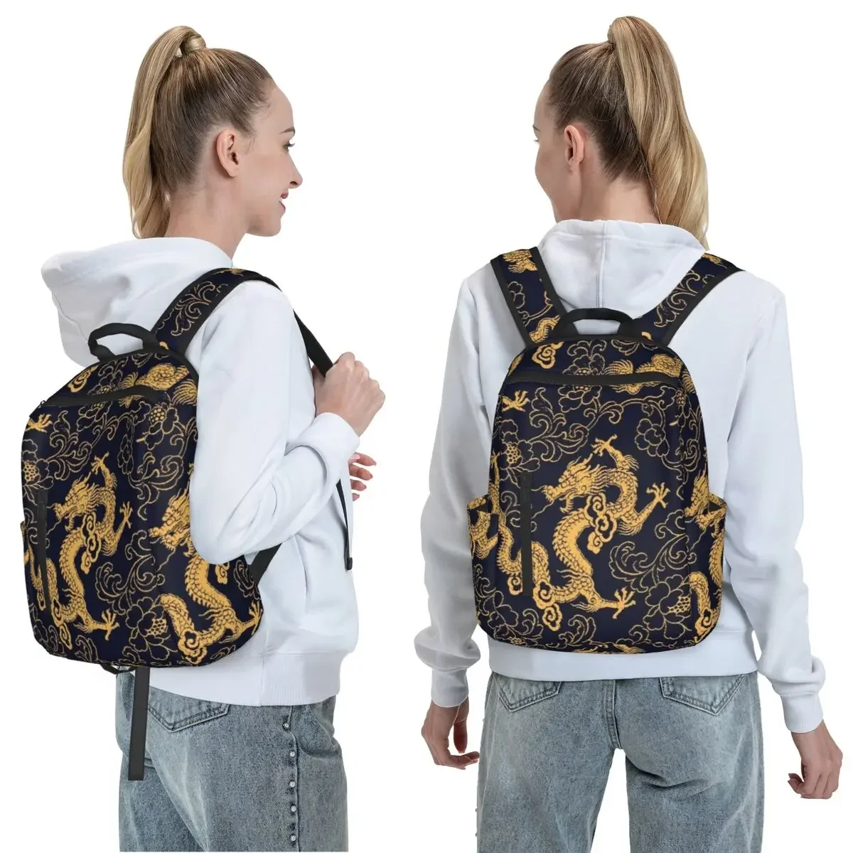 Chinese Traditional Golden Dragon Backpack Large Capacity Kids BookBag School Bag Shoulder Bags for Men Women