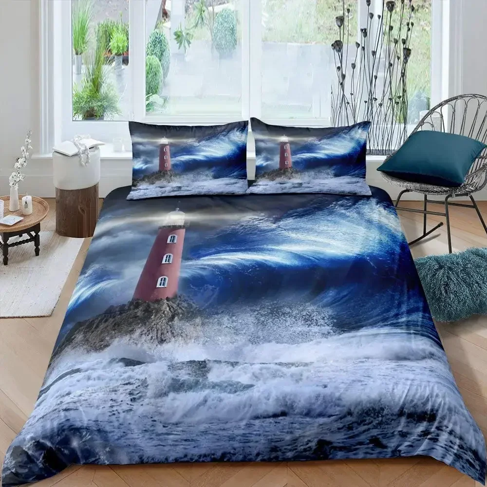 Lighthouse Duvet Cover Set Nautical Surfing Ocean Wave Bedding Set Queen Polyester Coastal Nature Theme Quilt Cover for Kids Boy