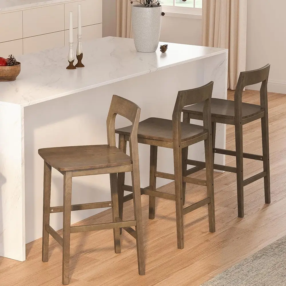 

Set of 3 Counter Height Wooden Bar Stools with Armrests, Solid Wood Legs, Brown