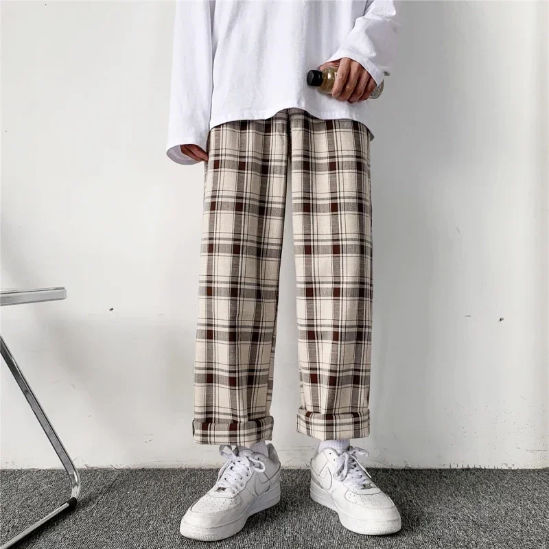 

Plaid Pants Men Linens Korean Checked Trousers Male Streetwear Fashion Bottoms Summer Wide Leg Pants Harajuku Breathable E68