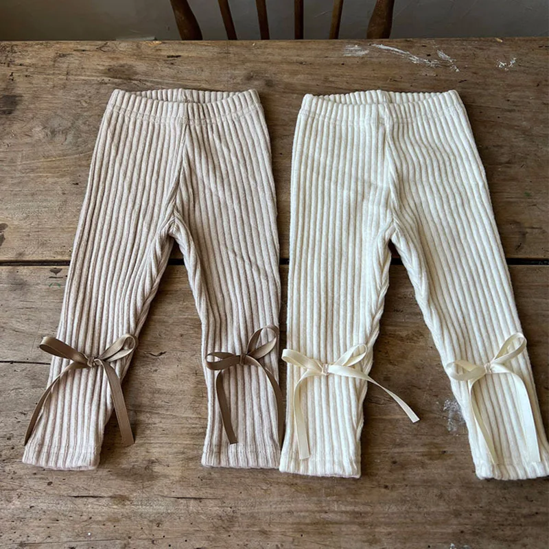 Infant Toddler Cotton Thick Long Pants Baby Girls Cute Bow Trousers Kids Clothes 2025 Autumn New Children Solid Ribbed Leggings