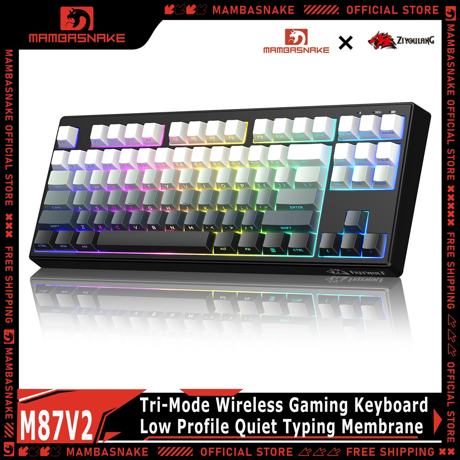 ZIYOULANG M87V2 87 Keys Tri-Mode Wireless Gaming Keyboard RGB Backlit Low Profile Quiet Typing Membrane for PC MAC