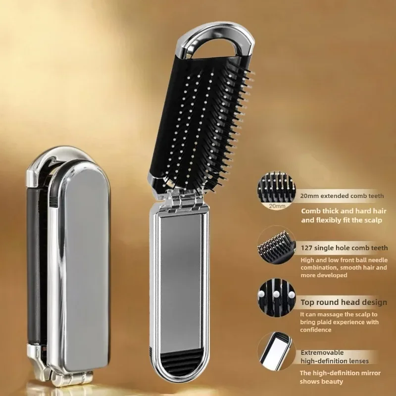Peine de pelo plegable, cepillo de masaje portátil, masajeador para el cuero cabelludo, peines de viaje antiestáticos, espejo, herramientas de estilismo de peluquería para niñas