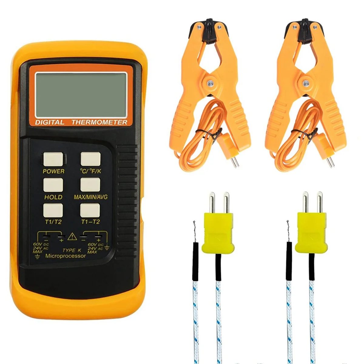 Digital K Type Thermocouple Thermometer(-50-1300°C) Dual Channel, 2 Thermometer Pipe Clamp and 2 Sensor Probes