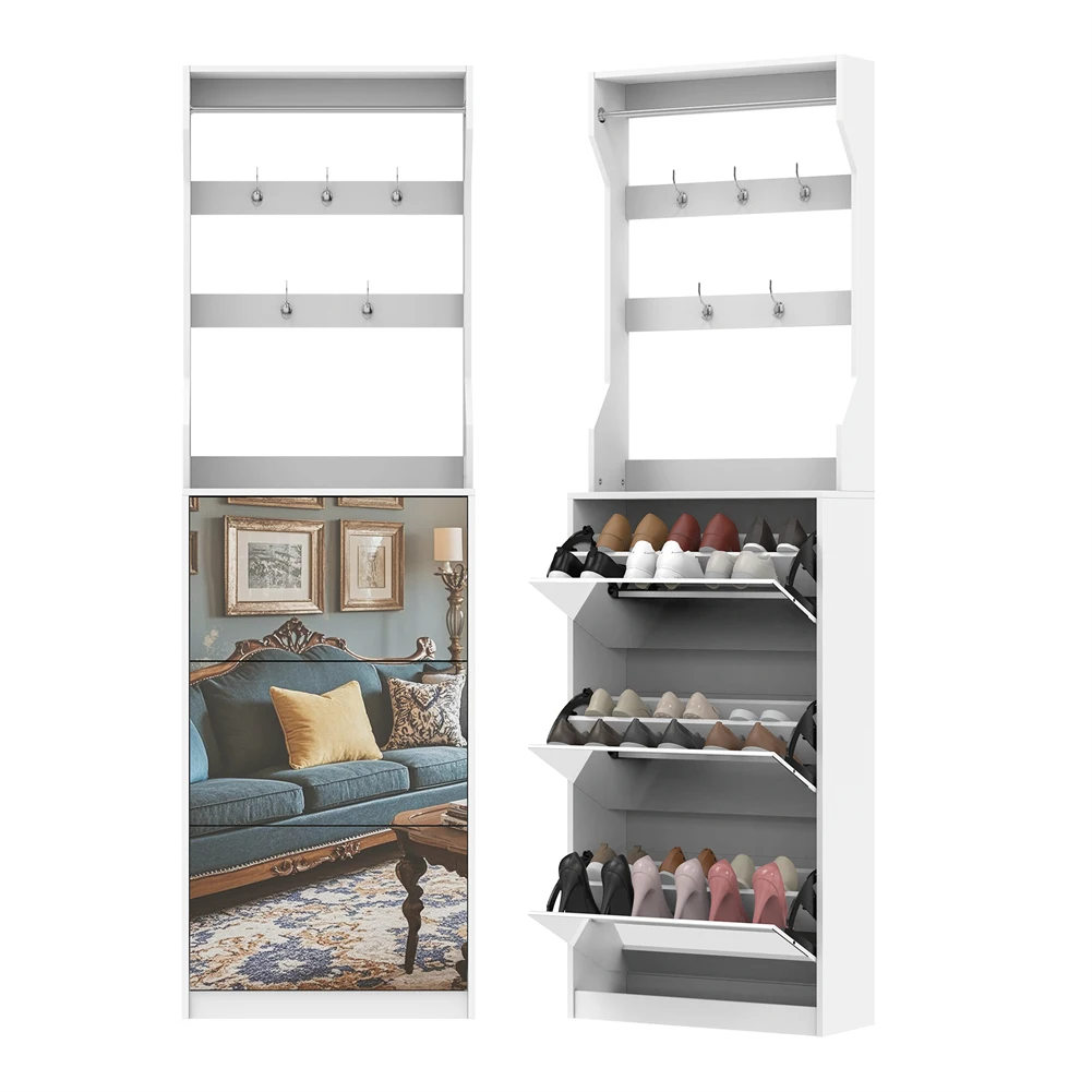 Shoe Storage Cabinet With 3 Flip Drawers Slim Narrow Mirrored Shoes Rack Cabinet Organizer With Hooks Rack Closed Shoe Storage