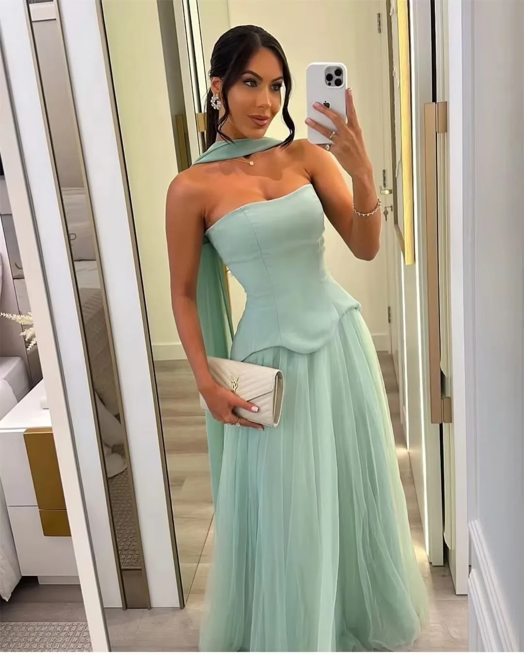 Tulle Evening Dress for Women Strapless A-line Maxi Dresses With Matching Cape Floor Length Formal Prom Party Gown