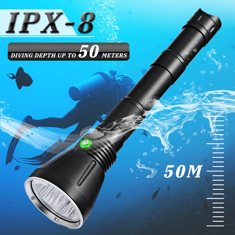 Asafee 50M Underwater 10000LM Professional LED Diving Flashlight SST70 IPX8 Waterproof White Light Dive Lamp