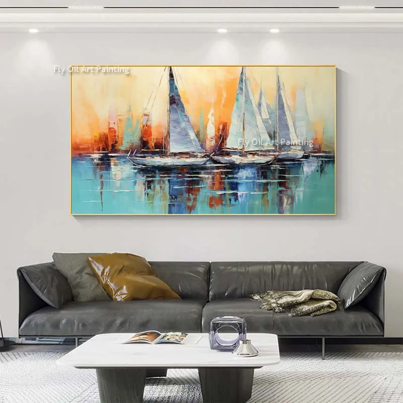 Sea Sailing Team Seascape Oil Painting Handmade Original Blue Sea View Landscpae Orange Coastal Cities Art For Decor Unframed