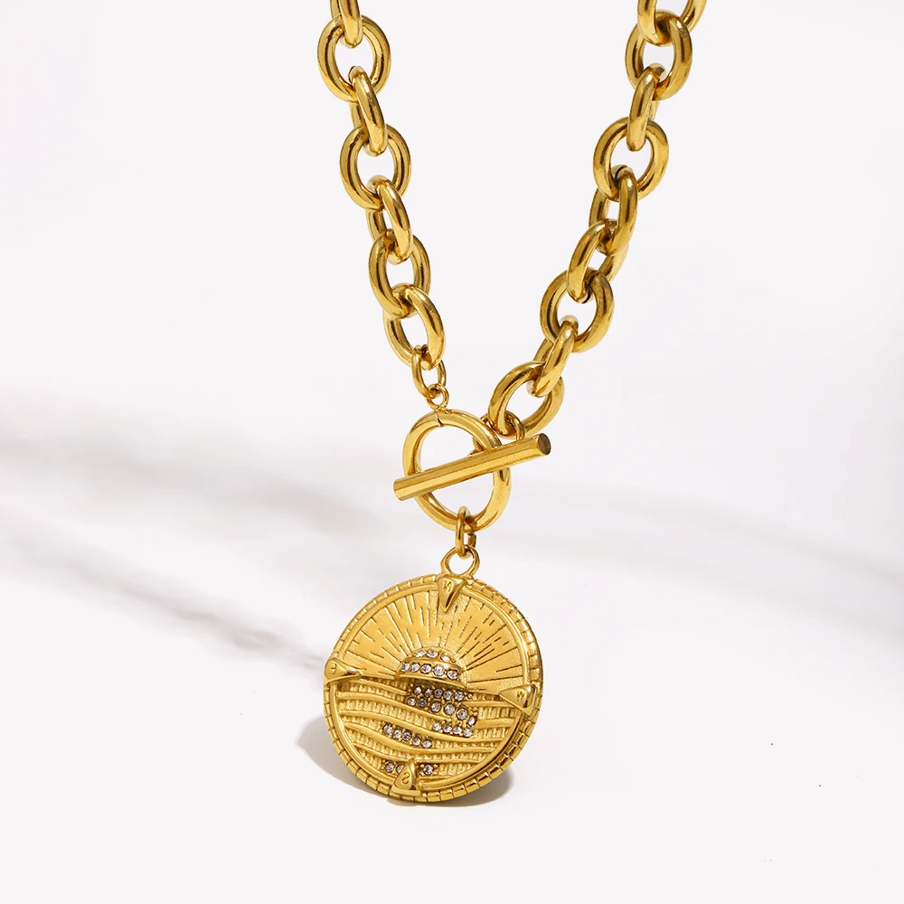 E.B.belle OT Buckle Round Sunrise Pendant Necklace 316L Stainless Steel 18K Gold Plated Exaggerated Jewelry Accessories