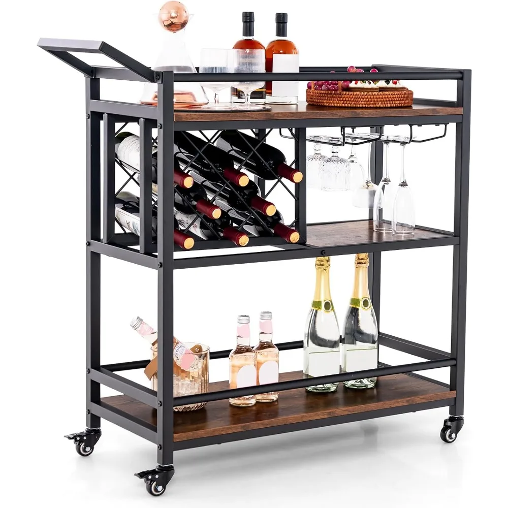 

Industrial 3-Tier Bar Cart, Mobile Kitchen Serving Cart with Wine Rack and Glass Holder, Rolling Serving Cart on Wheels for Home