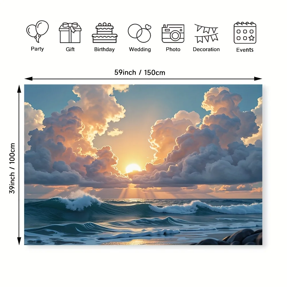 1pc Stunning Blue Ocean Waves Tapestry - Vibrant Sunset Cloud Design, Polyester Party  for Home Decor, Weddings, Birthdays view 4