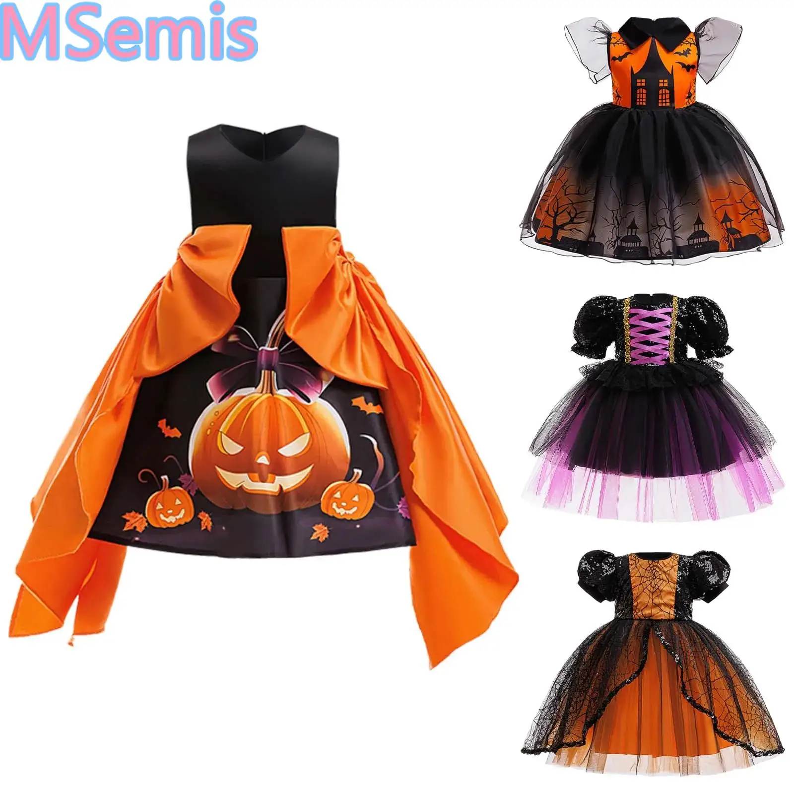 

Girls Halloween Witch Cosplay Cartoon Print Tulle Tutu Dress Spider Web Print Dress Pumpkin Costume Carnivals Stage Performance