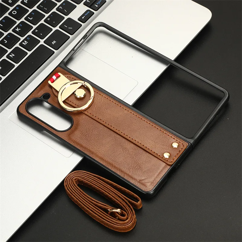 

Leather Case for Samsung Galaxy Z Fold 5, Slim Case with Ring and Neck Lanyard Soft Anti-Scratch Microfiber Lining