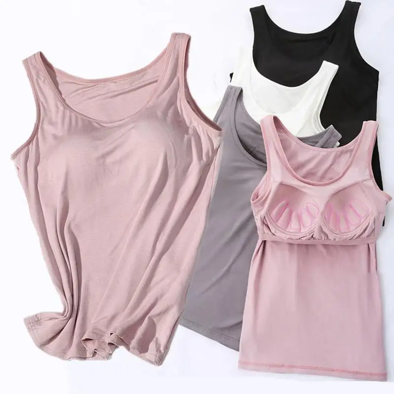 Women's Vest Tops With Built In Bra Neck Vest Padded Slim Fit Tank Tops Sexy Shirts Feminino Casual Underlay shirt slimming