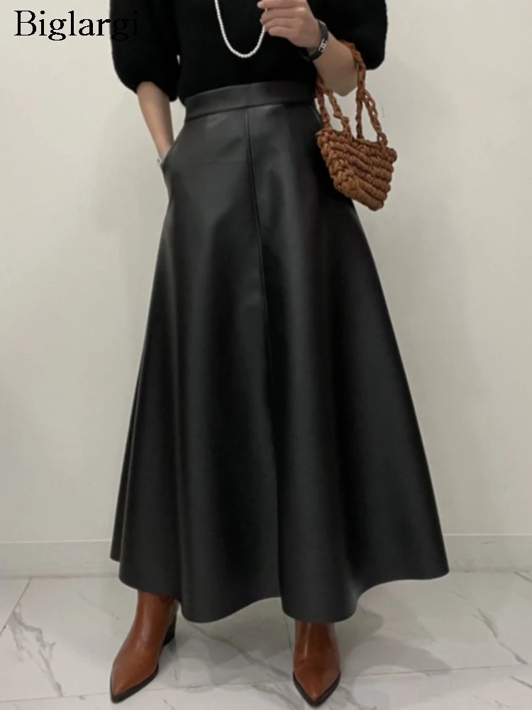

PU Autumn Winter A-Line Long Skirt Women Ruffle Pleated Loose Korean Style Ladies Leather Skirts Fashion High Waist Woman Skirt