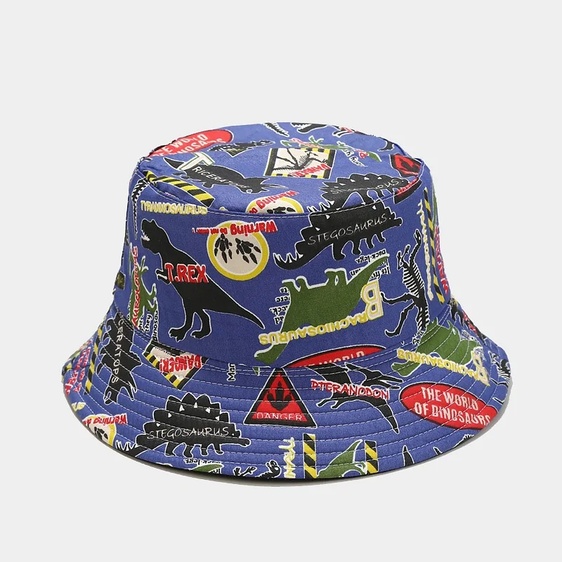 Cotton Cartoon Dinosaur Print Two Sides Wear Bucket Hat Fashion Joker Outdoor Travel Sun Cap For Men And Women 53