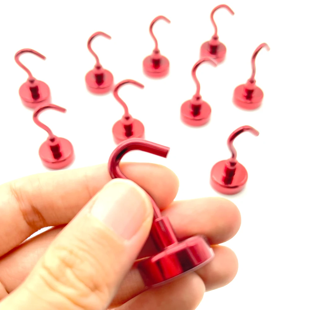 10 Pcs D16mm D20mm D25mm D32mm Red Super Magnet Hooks Round Strong Neodymium Magnets Hook for Home, Kitchen, Workplace