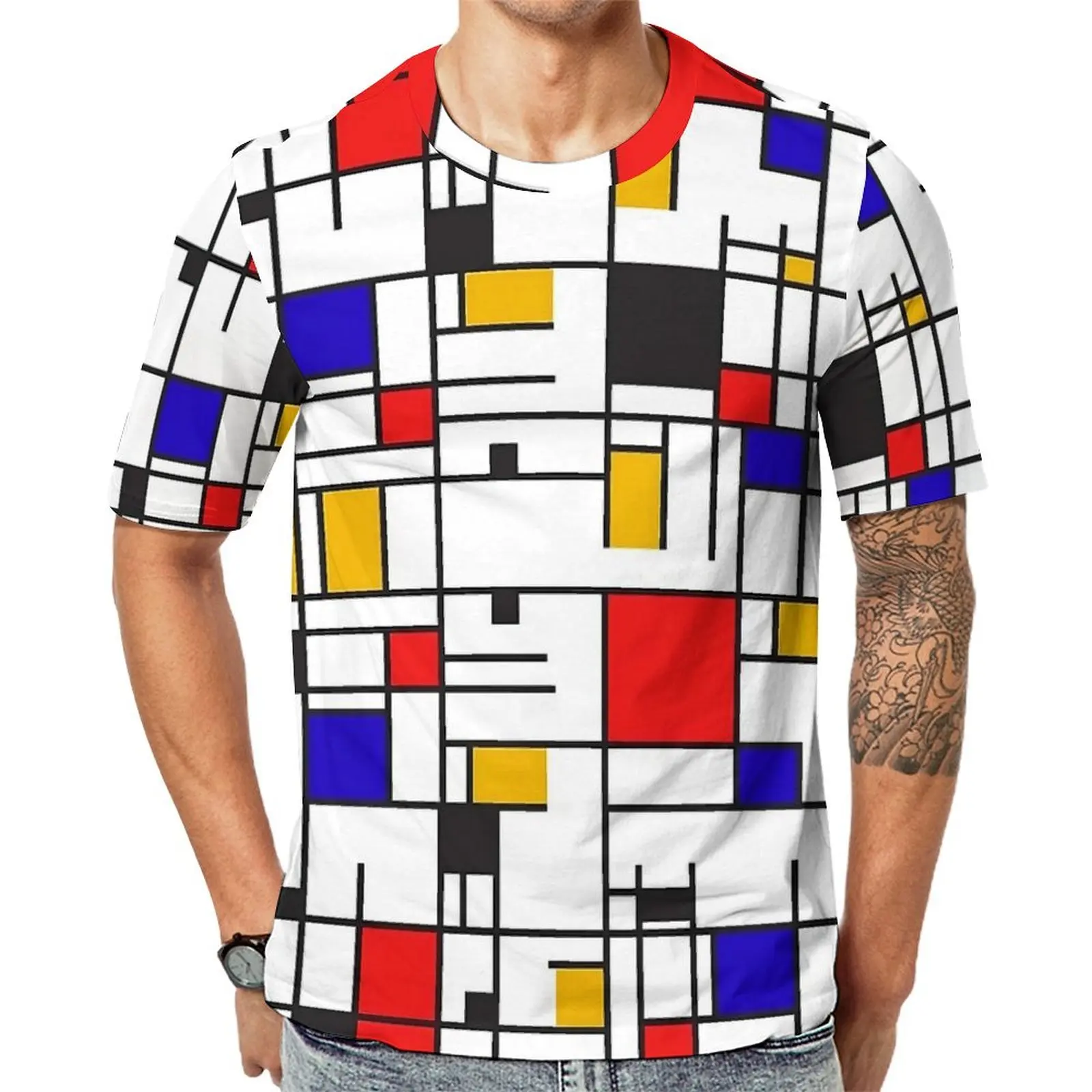 Homless Mondrian T Shirt For Men Check Print Design O Neck T-Shirts Summer Cool  Clothes Short Sleeves Basic Oversized Tee Shirt