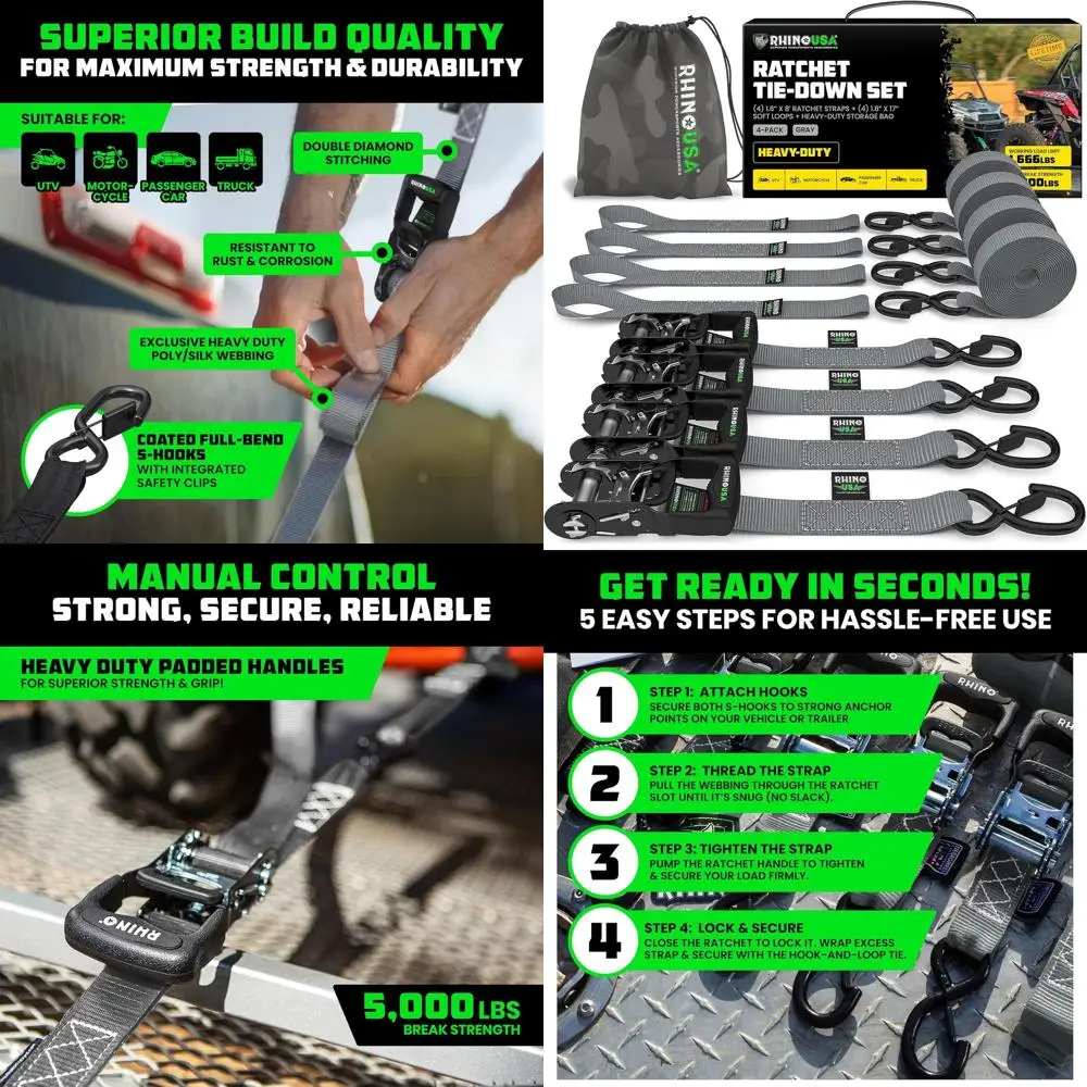 

Комплект сверхмощных ремней с храповым механизмом (2 шт.) — 1,6 дюйма x 8 футов, минимальная прочность перерыва (5000) — идеальные ремни с безопасностью S H