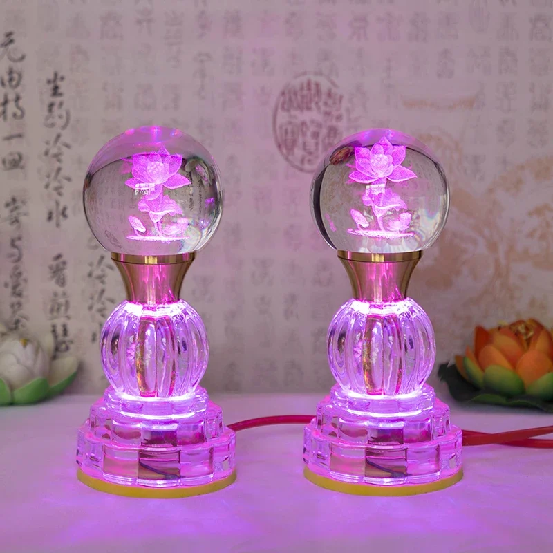 Crystal Lotus Lamp Buddha Offering Colorful Everbright Lamp Votary Lamp Offered By Buddhist Plug in LED Home Use Yellow Light