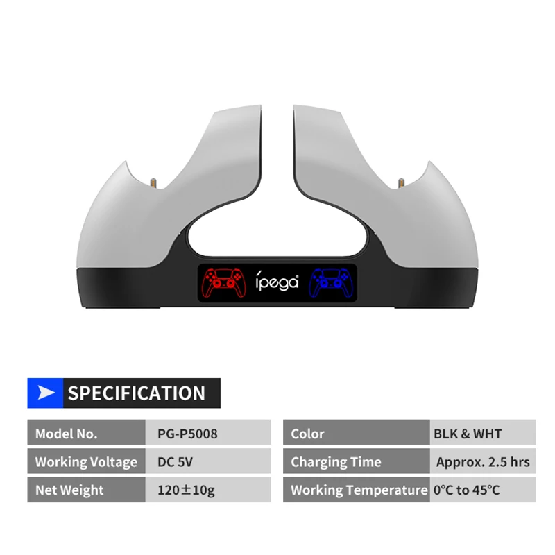 Ipega PG-P5008 Dual Fast Charger per Controller PS5 Playstation 5 Base di ricarica per Dock Station con indicatore LED
