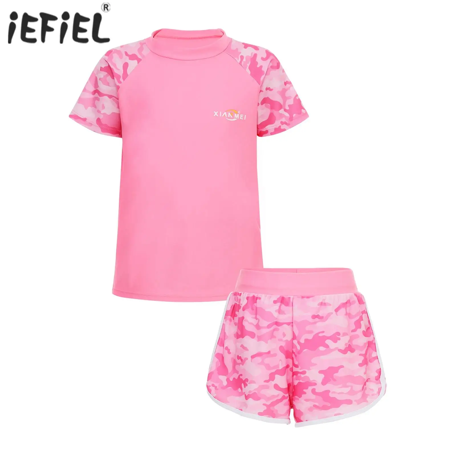 Kids Girls 2pcs Swimsuit Short Sleeve Camouflage Print Swim Top and Shorts Swimming Suit Pool Beach Bathing Suit Rash Guard Set