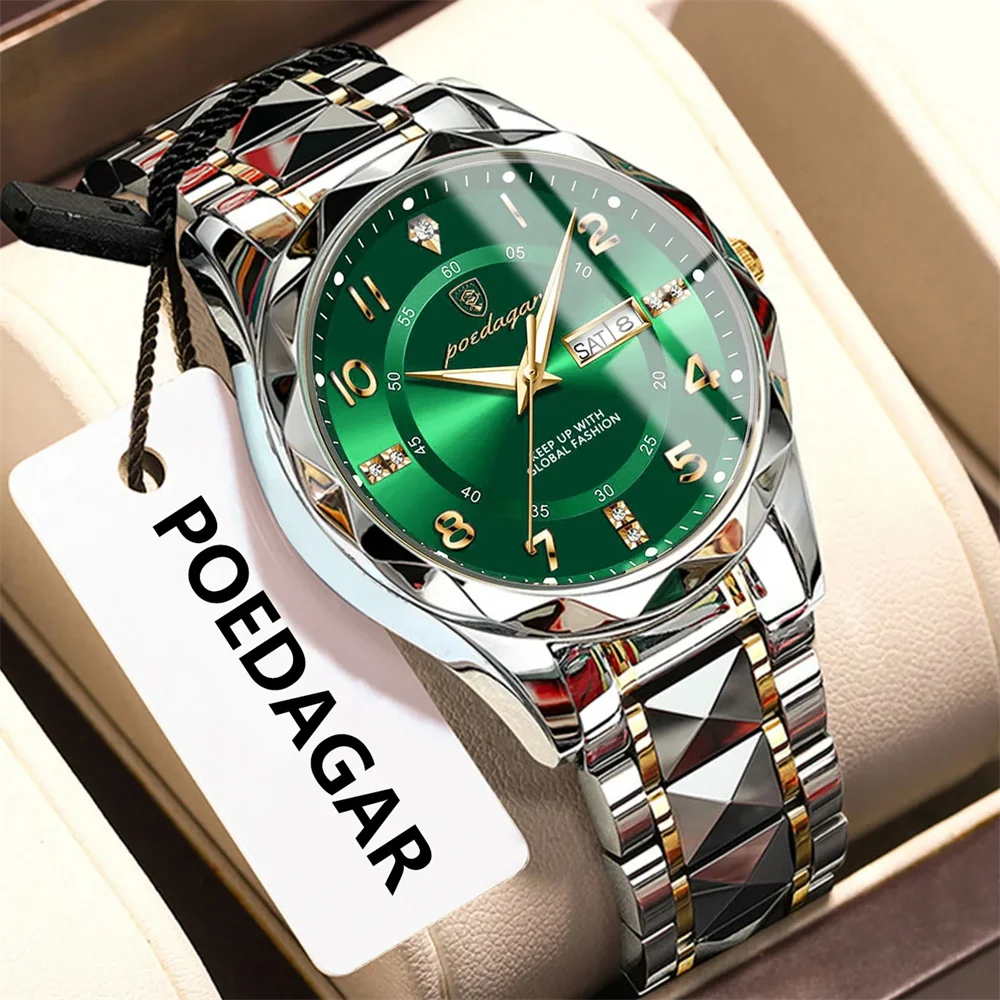 POEDAGAR ساعة يد رجال الأعمال الفاخرة الفولاذ المقاوم للصدأ تاريخ الأسبوع رجل ساعة مقاوم للماء مضيئة موضة ساعات كوارتز بالنسبة لي