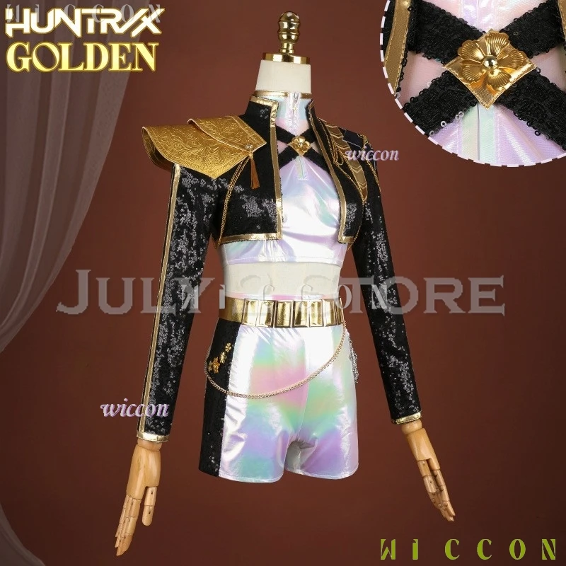 Huntrix-traje dorado para adultos y niños, disfraz de Rumi, abrigo de Anime de demonio Kpop, vestido del mismo estilo, uniforme de escenario Idol de estrella para niñas