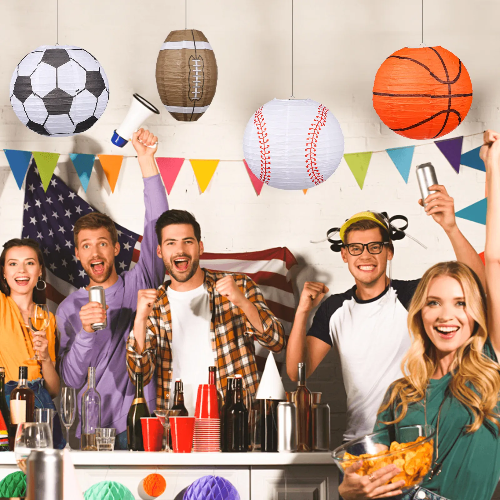 

Набор из 4 бумажных фонариков в виде спортивных мячей (бейсбол, баскетбол, футбол, регби) для украшения на день рождения, фестиваль, вечеринку