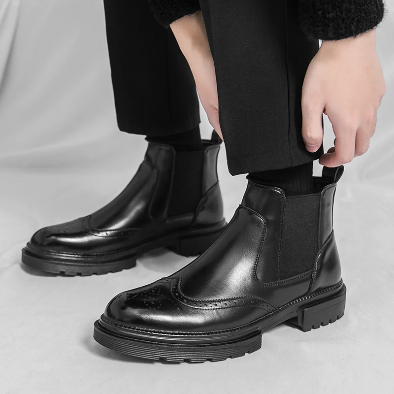 Men's Riding Boots British-Style Retro Brogue Carved High-Top Leather Shoes Men's Casual Leather Shoes Thick-Soled Leather Boots