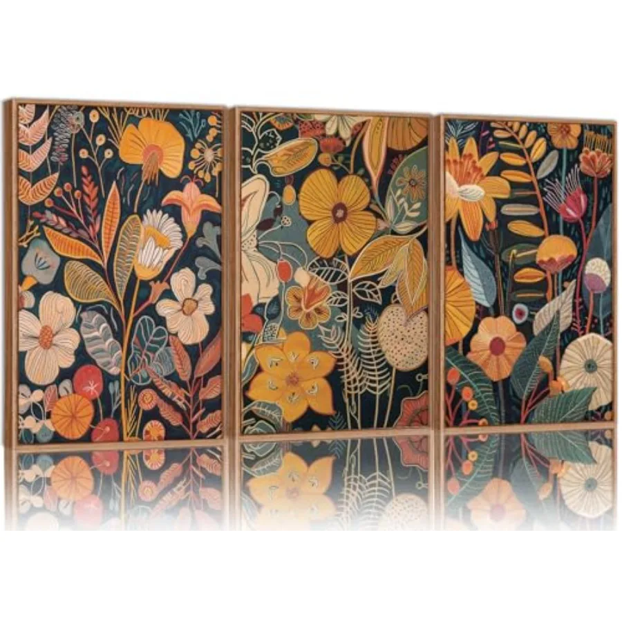 

Набор из 3 картин на холсте с оранжевым цветочным узором в раме, декор для стен в стиле Mid-Century Modern, цветочные принты в нейтральных тонах, бохо-ботанические художественные принты