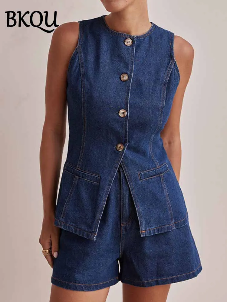 

BKQU Summer Denim Shorts Sets For Women Sleeveless O-neck Single Breasted Top Wide Leg Shorts 2 Pieces Casual Y2K Lady Outfits