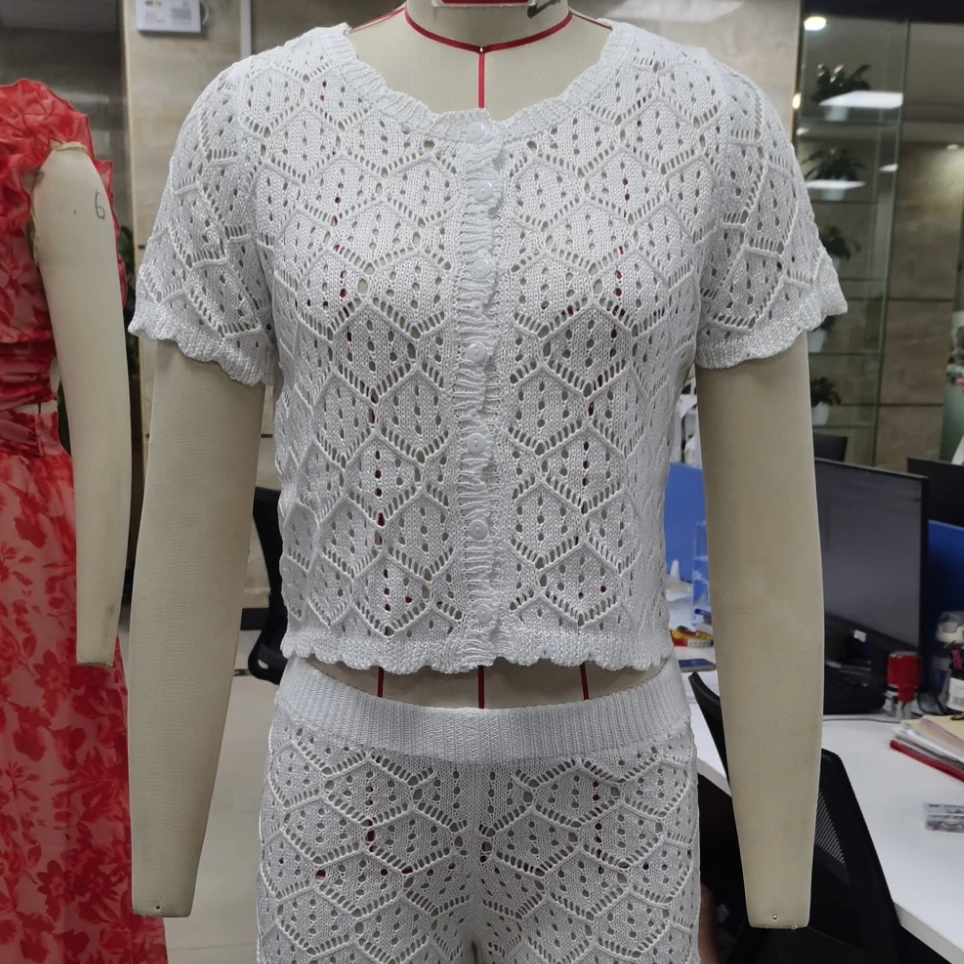 

Beach Women Summer Knitted Outfits Hollowed Button-up Short Sleeve Crop Tops Elastic Waist Mini Shorts 2Pcs Set
