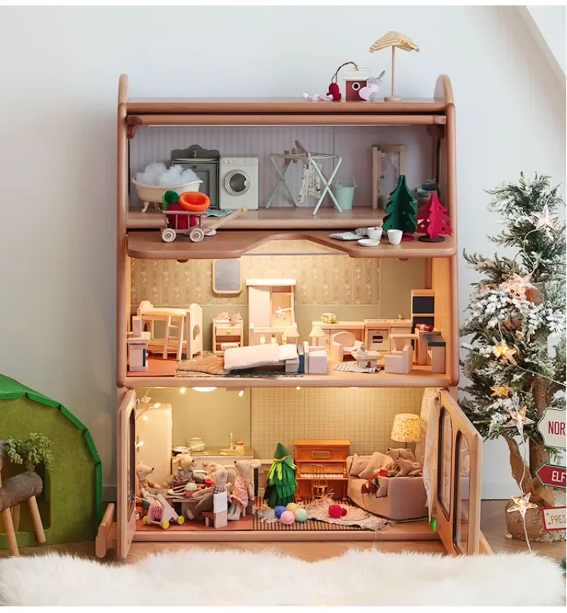 Home doll house, large villa simulation play house beech bookcase display cabinet figure cabinet