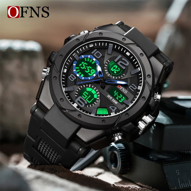 OFNS S6008 relojes de cuarzo de lujo para hombres, reloj deportivo militar resistente al agua para hombres, reloj de pulsera Digital LED con pantalla Dual