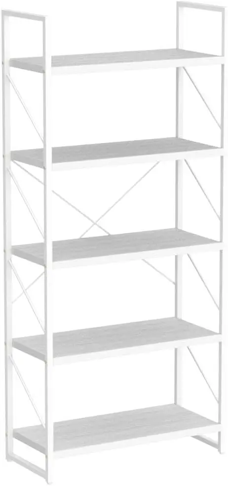 5 Tiers Bookshelf, Modern White Bookcase, Book Holder Organizer, Display Storage Rack Standing Shelves for Bedroom Living Room