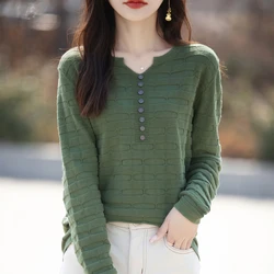 Autumn Winter Women 100% Cotton Sweater V-neck Half Open Buckle Pullover Square Pit Sweater Slim Knitted Warm Bottoming Tops