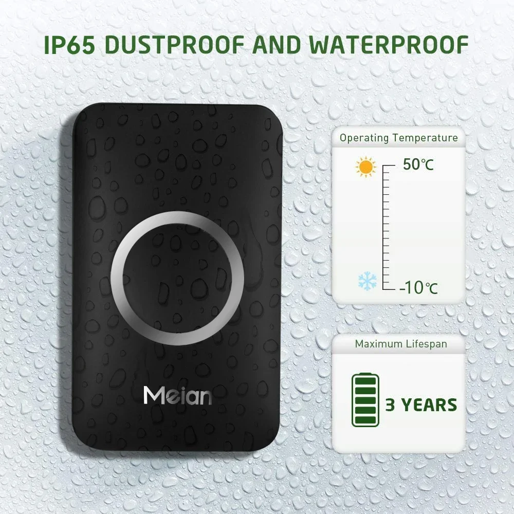 Meian-Outdoor Wireless Doorbell، Smart Home Welcome Doorbell، IP65 Waterproof Door Bell، Chime Kit، 60 نغمة رنين، إنذار فلاش LED