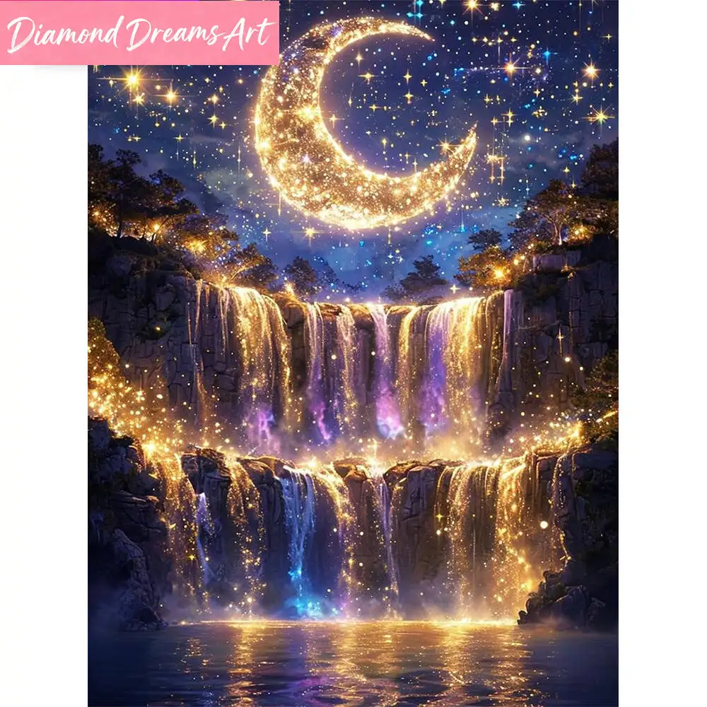 Diamantmalerei, Wasserfall-Landschaftsmuster für Erwachsene, Anfänger, DIY, Diamant-Mosaik, Mond, Heimdekoration, rahmenlos