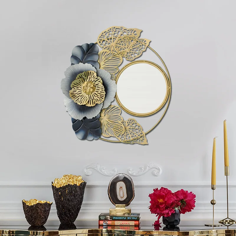 

New Chinese light luxury makeup mirror, wrought iron hollow flower wall-mounted mirror, homestay creative half-length mirror