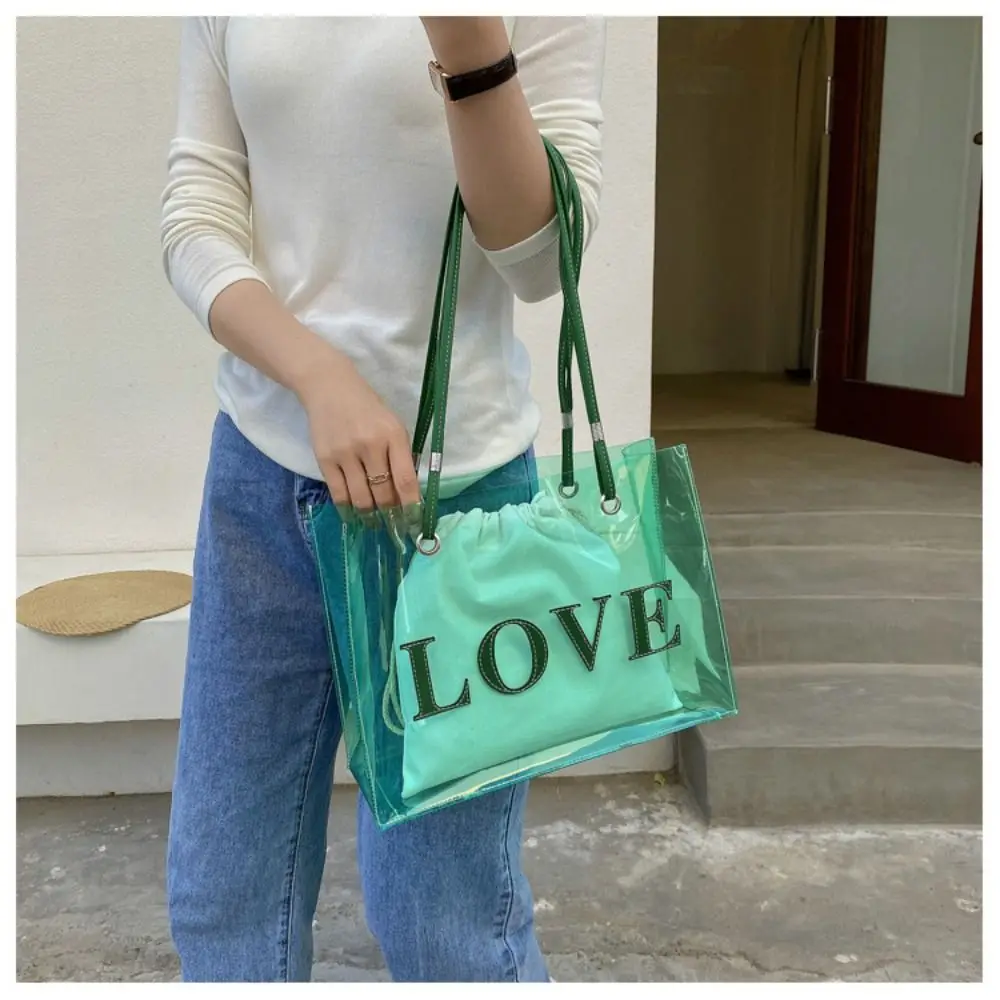 Transparent Laser Shoulder Bag for Women Candy Color Letter Fashion Mini Crossbody Messenger Bag PVC Jelly Tote Bag