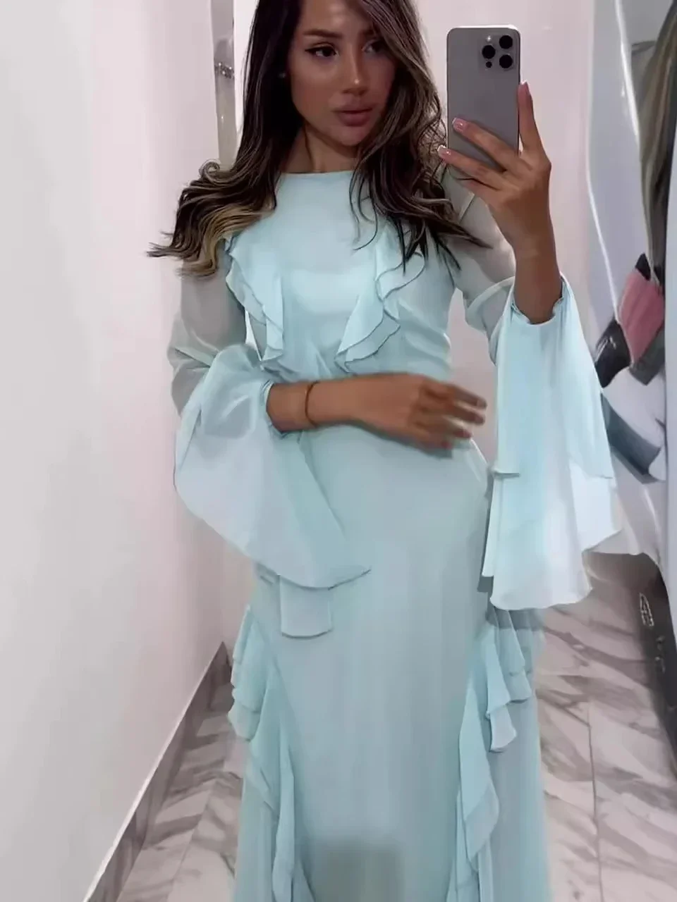 Eid Muslim Women Dress Abaya Ruffle Party Long Dresses Tight Waist Full Sleeve Slash Neck Hollow Out A Line Vestidos Largos 2026