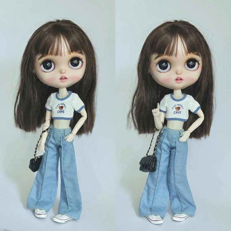 DLBell Round Neck Tight Shirts Crop Tops Short Sleeve T-shirt and Wide Leg Jeans Streetwear for Blythe Azone OB24 Doll Clothes